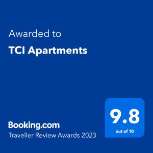 Un certificat, premiu, logo sau alt document afișat la TCI Apartments