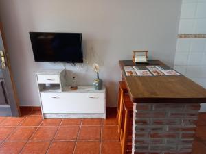 uma sala de estar com uma televisão e um balcão com um balcão com um balcão de sidx em Apartamentos El Ardinal em Arenas de Cabrales