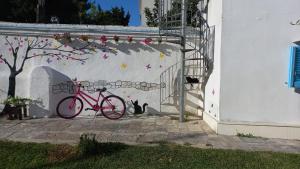 Una bicicleta rosa estacionada junto a una pared con un gato en Villino Tronchetto Bianco, en Mola di Bari