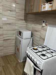 uma cozinha com um fogão e um micro-ondas no frigorífico em Fully Furnished 2br Apartment King'ong'o Nyeri - Youngsky em Nyeri