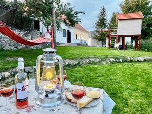 a table with glasses of wine and a blender at Antik Vendégház in Nagyvisnyó