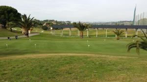a golf course with palm trees and a green at Pinares de Lepe in Huelva