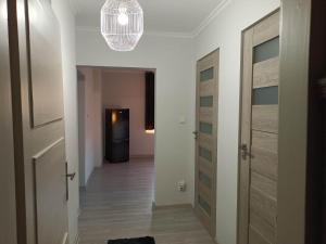 HarklowaApartament u Irenki的走廊设有两扇门和吊灯