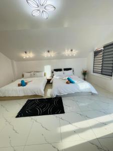 a bedroom with two beds and a black and white floor at Pensiune Perla Dunarii in Giurgiu