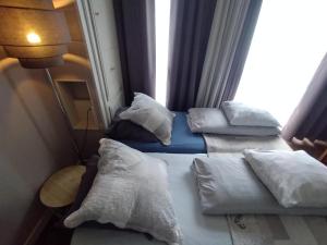 trzy łóżka siedzące w pokoju z oknem w obiekcie Résidence Albigny Studio Vue Sur Lac Centre-ville d'Annecy w Annecy