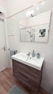 a bathroom with a sink and a mirror at Casa degli Ulivi 19 in Faedis