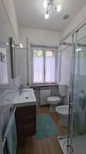 y baño con aseo, lavabo y ducha. en Casa degli Ulivi 19, en Faedis