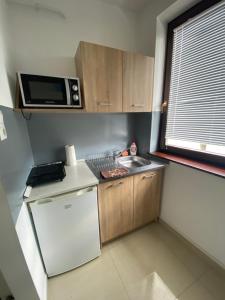 Il comprend une petite cuisine équipée d'un réfrigérateur blanc et d'un four micro-ondes. dans l'établissement Lexi Classic apartman, à Hajdúszoboszló