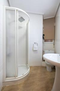 a bathroom with a shower and a toilet and a sink at Apartamento en la Ribera Bilbao Anfitrión Verónica in Bilbao