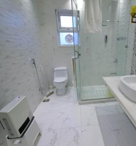 a bathroom with a shower and a toilet and a sink at Arish Luxury Suites in Skardu