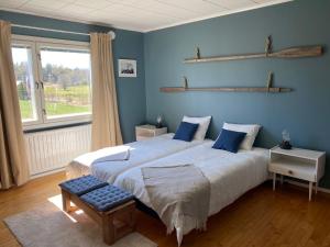 a bedroom with a large bed with blue walls and a window at Villa Valentina in Lemland