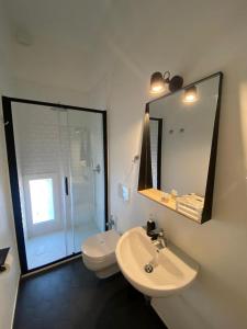 a bathroom with a sink and a toilet and a mirror at FOUR LIONS VILLA GUESTHOUSE in Pisa