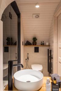 uma casa de banho com um lavatório branco e um WC. em Igluhut Four Seasons em Pfarrwerfen