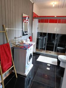 a washing machine in a bathroom with a sink at Hostel Sao Gabriel in São Tomé