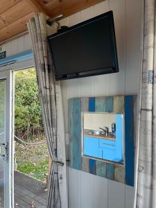 a flat screen tv hanging on a wall with a sink at Coral Shepherds Hut in Penally