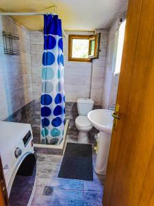 uma casa de banho com um WC e uma cortina de chuveiro em Villa Etheras - Nested between Nature by Amazing View - 5 mins from Edessa em Édessa