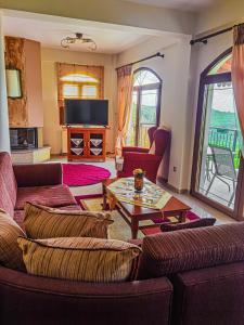 ein Wohnzimmer mit 2 Sofas und einem TV in der Unterkunft Villa Etheras - Nested between Nature by Amazing View - 5 mins from Edessa in Edessa