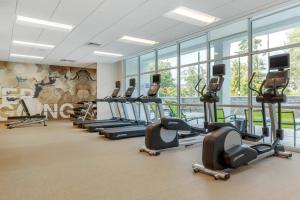 SpringHill Suites Charlotte Southwest في تشارلوت: صف من أجهزةالجري ودراجات ممارسة الرياضة