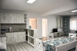 a living room with a bed and a kitchen at Casa Novis in Băicoi
