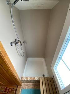 um chuveiro na casa de banho com uma janela em Rigi-Burggeist Alpine Guesthouse em Gersau