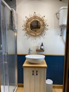 a bathroom with a sink and a mirror on the wall at Silver Fern Glamping in Aberystwyth