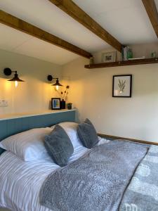 um quarto com uma cama com almofadas em Silver Fern Glamping em Aberystwyth