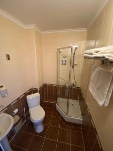 a bathroom with a toilet and a shower and a sink at Ulpan Mini Hotel in Astana