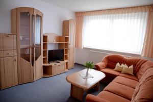 uma sala de estar com um sofá e uma mesa em Apartmenthotel-Harz em Friedrichsbrunn
