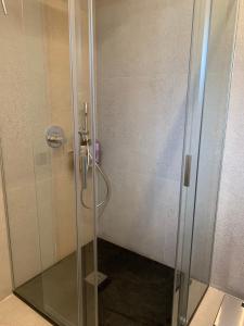 W łazience znajduje się prysznic ze szklanymi drzwiami. w obiekcie Casa Margarita w mieście Sesué