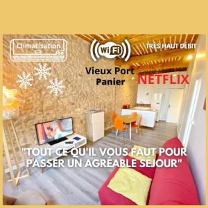 a advertisement for a room with a living room at Vieux Port Proximité Panier Clim Central Cachet in Marseille