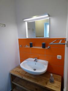 a bathroom with a sink and a mirror at Aloha 1 in Neue Tiefe Fehmarn