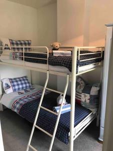 a room with three bunk beds with a teddy bear at Lilly’s Cottage, Filey, Sleeps 8 in Filey