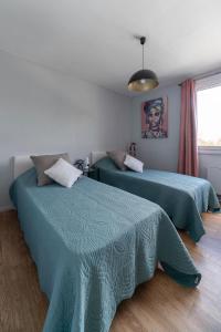 een slaapkamer met 2 bedden met groene lakens en een raam bij Le Raymond - Appartement proche du centre sportif, des rives de l'Allier et du centre-ville - parking in Vichy