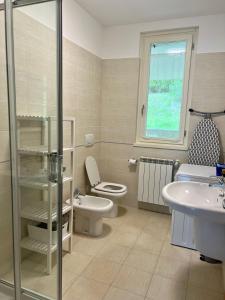 een badkamer met een toilet, een wastafel en een douche bij giardino e piscina apartment in Bellagio +16 foto's