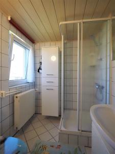 a bathroom with a shower and a toilet and a sink at Schüler, Wolfgang in Zingst