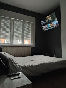 - une chambre avec un lit et une télévision murale dans l'établissement Chambre privé dans une maison avec terrasse et jardin salles de bain partagées, à Lille