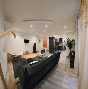 uma sala de estar com um sofá verde e uma mesa em Appartement avec baignoire - Hautvillers em Hautvillers
