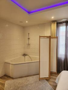 eine Badewanne in einem Zimmer mit lila Decken in der Unterkunft Appartement avec baignoire - Hautvillers in Hautvillers
