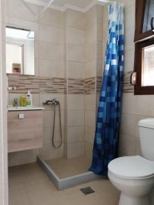 a bathroom with a shower and a toilet at Red Village Limnos in Moúdhros