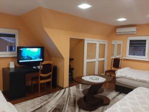 a small living room with a tv and a couch at Prie Ąžuolo in Zarasai
