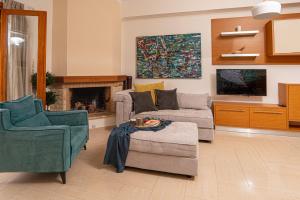 ein Wohnzimmer mit einem Sofa und einem Kamin in der Unterkunft Contemporary 2 bedroom apt 5 min walk from Kissamos center in Kissamos