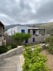 a house with blue doors and a stone wall at Dream Catcher3 in Agia Theodoti