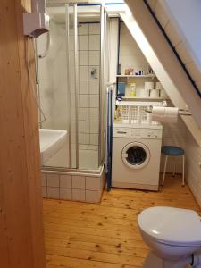 a bathroom with a toilet and a shower and a washing machine at Ferienhaus Brungers in Südbrookmerland