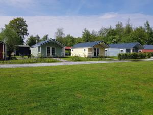 a row of houses in a park with a grass field at De Bijsselse Enk, Noors chalet 18 in Nunspeet