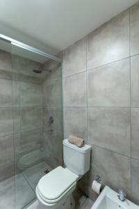 a bathroom with a toilet and a shower and a sink at Departamento céntrico con estacionamiento gratis in San Salvador de Jujuy +11 photos