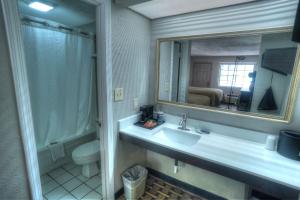 a bathroom with a sink and a toilet and a mirror at Amerivu Inn & Suites - Helen - Downtown in Helen