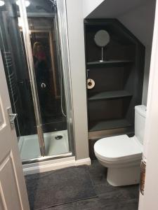 a bathroom with a shower and a white toilet at Lovely 4 bed house sleeping 8 near Ashbourne in Brassington