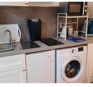 uma cozinha com uma máquina de lavar roupa e um lavatório em Mer et soleil em Le Pradet