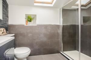 a bathroom with a toilet and a shower at Cottage hide-out in Kirkheaton