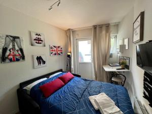 a bedroom with a blue bed with a red pillow at STUDIO Av MARX DORMOY CLERMONT CENTRE B in Clermont-Ferrand